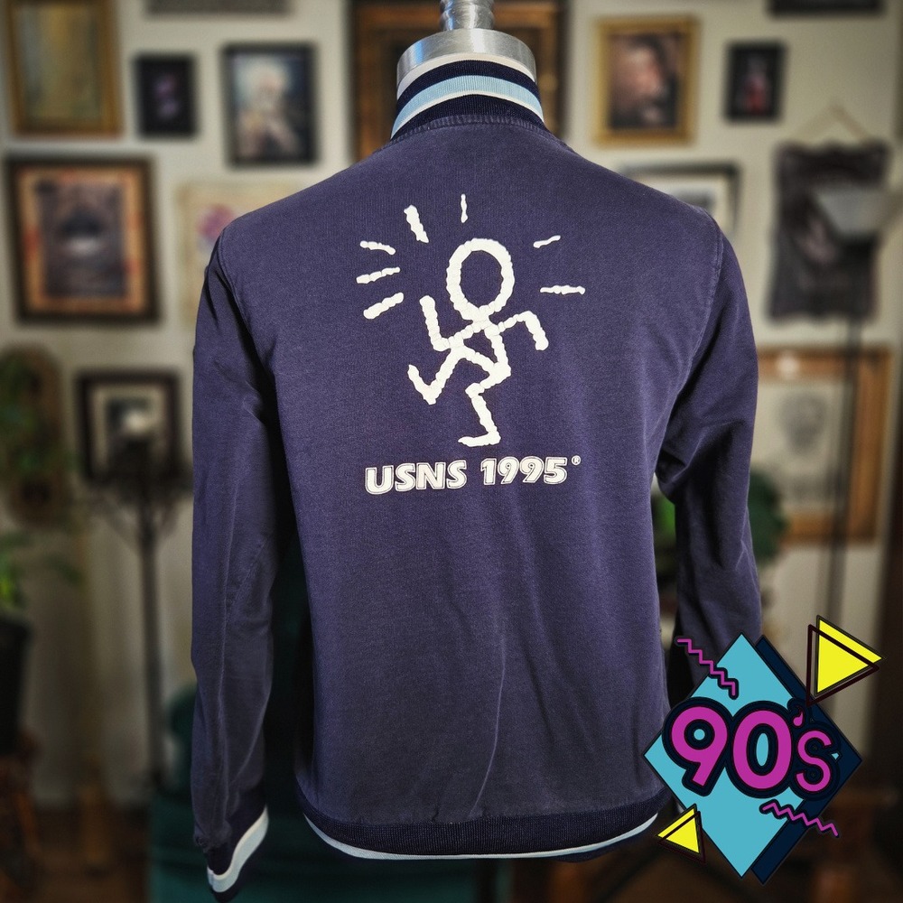 USNS Jacket Navy Blue Vintage 1995 Graphic Bomber Track Sweatshirt Small 90s